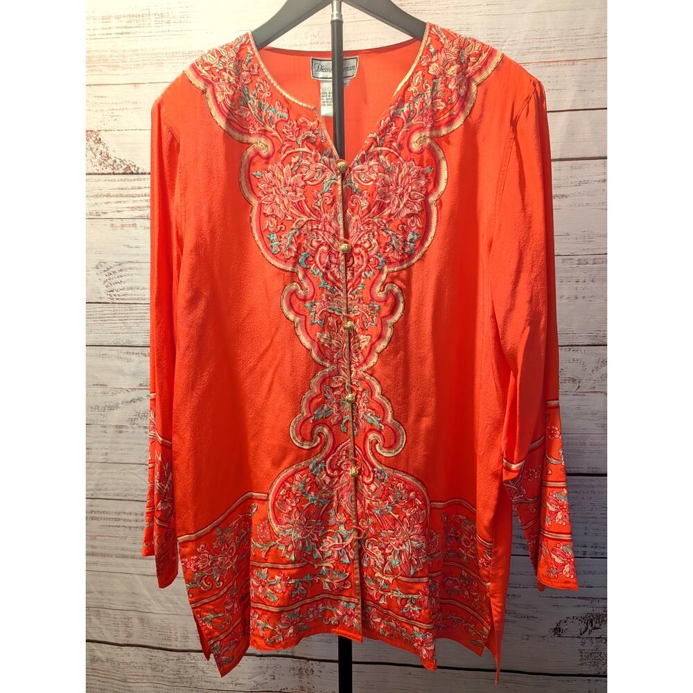 100% Silk Boho Luxe Resort Glam Statement Embroidered Diane Gilman Top M